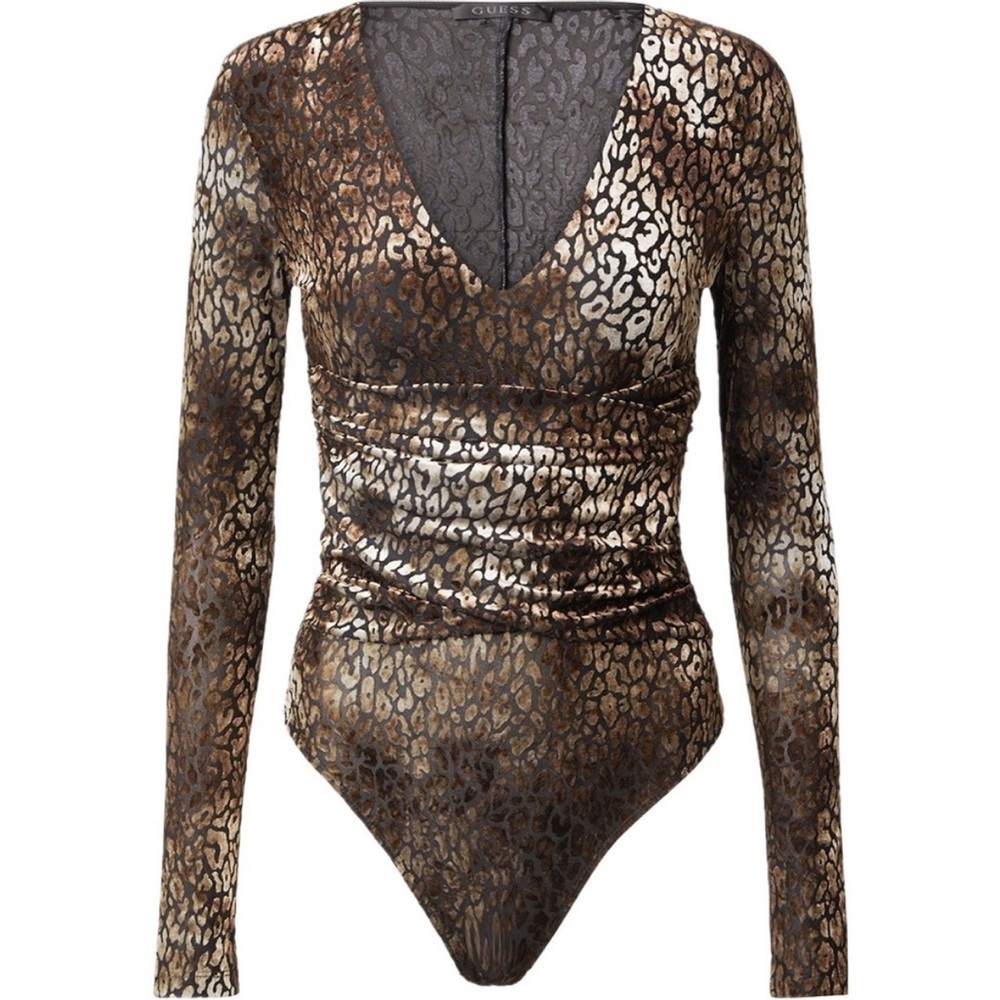 GUESS Belinda Velvet Leopard Bodysuit NWT Brown Flocked Animal Print Wrap V-Neck - Picture 4 of 7
